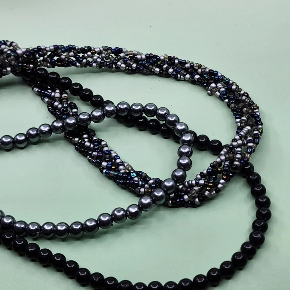 Multi Strand Black Seed Bead Necklace Gray Faux Pearl Boho Statement Layered